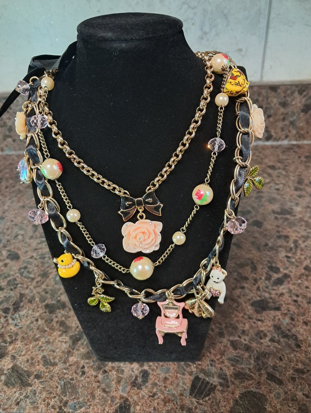 Betsey Johnson Vintage Dollhouse Necklace - Cup Duck Rose Flower - RARE